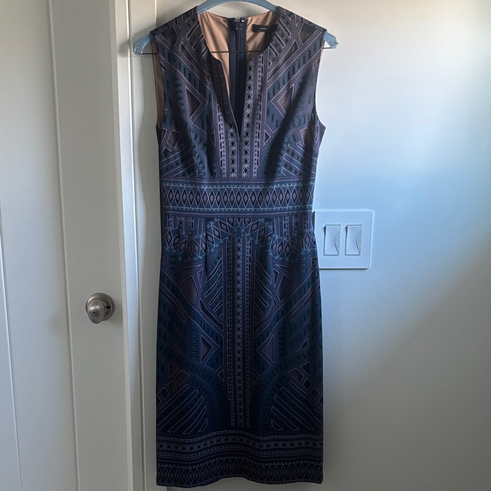 BCBG Black and Purple Geometric Midi Dress